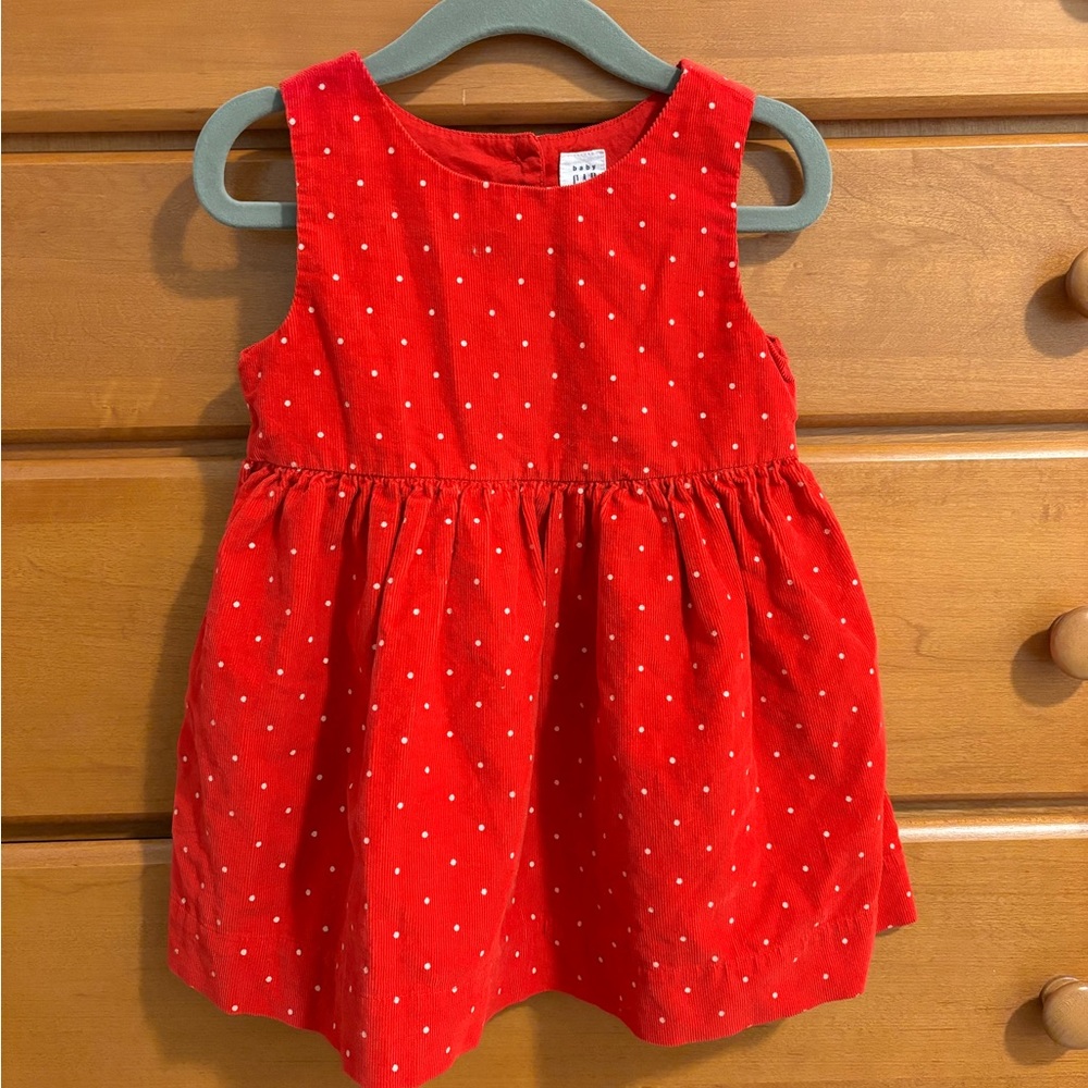Red polka dot corduroy dress, 18-24 mos.